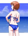  ass back bare_back bikini brown_hair kurai_(cry) looking_back red_eyes rozen_maiden short_hair solo souseiseki swimsuit volleyball 