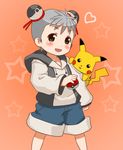  child double_bun gen_1_pokemon green_eyes grey_hair hood hoodie namine0079 pikachu poke_ball pokemon pokemon_(creature) short_hair shorts solo 