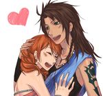  braid breast_grab breasts brown_hair closed_eyes couple earrings final_fantasy final_fantasy_xiii grabbing green_eyes heart hug jewelry medium_breasts mole multiple_girls oerba_dia_vanille oerba_yun_fang open_mouth orange_hair smile tattoo usa_rin_(kite) yuri 