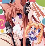  absurdres animal_ears blue_eyes blush chibi headphones highres japanese_clothes kimono long_hair microphone microphone_stand mito_mashiro mitora_mememe moekibara_fumitake multiple_girls music paper purple_eyes singing tayutama thighhighs twintails very_long_hair 