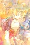  animal_ears bad_id bad_pixiv_id blonde_hair brown_hair campanula-star cat_ears chen close-up closed_eyes happy hat multiple_girls short_hair touhou traditional_media watercolor_(medium) yakumo_ran 