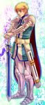  aikana armor bad_id bad_pixiv_id belt blonde_hair blue_eyes flynn_scifo highres male_focus solo sword tales_of_(series) tales_of_vesperia weapon 