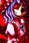  blood crazy_eyes fangs glowing glowing_eyes hat horror_(theme) oso_(toolate) purple_hair red_eyes remilia_scarlet short_hair solo touhou vampire 