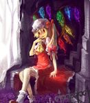  ascot blonde_hair bobby_socks checkered checkered_floor crystal demon_wings evil_smile flandre_scarlet hat hikariz looking_at_viewer mob_cap pillar puffy_short_sleeves puffy_sleeves red_eyes shoes short_sleeves side_ponytail sitting smile socks solo touhou wings 