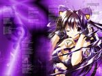  between_breasts breasts collar copyright_request fingerless_gloves floppy_disk gloves komatsu_eiji multicolored_hair purple_eyes solo speaker wallpaper 