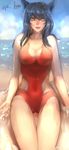 ahri animal_ears beach black_hair breasts cameltoe cleavage covered_navel day fang fox_ears fox_tail highres hip_vent league_of_legends medium_breasts multiple_tails one-piece_swimsuit parted_lips red_swimsuit seuyan smile solo swimsuit tail thigh_gap whisker_markings yellow_eyes 