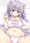  animal_ears bell blue_eyes blush breasts cat_cutout cat_ear_panties cat_ears cat_lingerie cleavage_cutout frilled_sleeves frills jingle_bell kantai_collection kashima_(kantai_collection) large_breasts lying meme_attire momoirone navel panties side-tie_panties silver_hair solo twintails underwear wavy_hair 