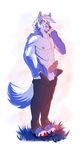  anthro balls canine clothed clothing erection invalid_tag l-i-t-t-l-e_f-i-r-e male mammal nipples penis simple_background smile solo topless unzipped white_background 
