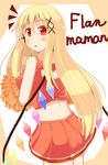  1girl :o blonde_hair blush character_name cheerleader chiyono commentary_request flan-maman flandre_scarlet highres long_hair looking_at_viewer red_eyes skirt solo touhou very_long_hair wings 