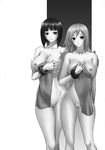  breasts greyscale highres iruma_kamiri large_breasts long_hair monochrome multiple_girls nipples nude pussy short_hair standing towel 