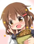  blush brown_eyes brown_hair close-up commentary_request face fang food food_on_face hair_ornament hairclip hand_on_own_face highres ikazuchi_(kantai_collection) kantai_collection open_mouth oshiruko_(uminekotei) school_uniform serafuku short_hair solo star taiyaki wagashi 