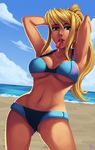  absurdres adapted_costume adjusting_hair andre_parcesepe armpits arms_behind_head beach bikini blonde_hair blue_bikini blue_eyes blue_sky breasts cleavage cloud contrapposto cowboy_shot day highres large_breasts lips long_hair looking_at_viewer metroid mouth_hold navel no_lineart nose ocean outdoors ponytail revision samus_aran scrunchie sidelocks sky solo standing swimsuit tying_hair underboob zero_suit 