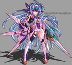  blue_hair boots elbow_gloves g.haruka garter_straps gloves kos-mos long_hair pointing pointing_at_viewer red_eyes solo thighhighs very_long_hair weapon wings xenosaga 