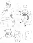  anthro black_and_white breasts canine cleavage clothed clothing crovirus dog door duo eyes_closed female glass hair larger_male male mammal monochrome open_mouth pipe raccoon sitting size_difference smaller_female smike smile speech_bubble stool suggestive wafun 