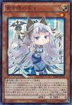  blue_eyes card chibi dragon duel_monster frostcyco long_hair looking_at_viewer priestess_with_eyes_of_blue silver_hair solo staff yuu-gi-ou 