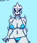  angstrom animated_skeleton anthro big_breasts bikini blue_background blue_eyes blush bone breasts cleavage clothed clothing crossgender female gaster_blaster simple_background skeleton skull solo swimsuit undead undertale video_games 