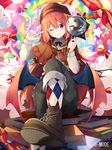  argyle argyle_legwear benio_(dontsugel) blush book cloud copyright demon_wings detective hat long_hair magnifying_glass official_art one_eye_closed rainbow red_eyes red_hair sitting smile socks solo soukyuu_no_skygalleon wings 