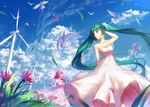  bird cloud day dress floating_hair flower grass green_eyes green_hair hatsune_miku highres long_hair megurine_luka multiple_girls open_mouth pink_hair sky strapless strapless_dress twintails very_long_hair vocaloid white_dress wind_turbine windmill yuket 