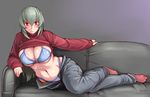  blush breasts cleavage clothes_lift couch curvy flying_sweatdrops large_breasts navel o-ring o-ring_bikini older red_eyes rozen_maiden silver_hair socks solo suigintou sweater sweater_lift swimsuit swimsuit_under_clothes tsuda_nanafushi unbuttoned 