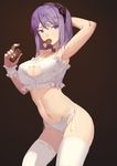  arched_back arm_up armpits bangs bare_arms bare_shoulders bell bell_choker blue_eyes bra breasts brown_background cat_cutout cat_ear_panties cat_lingerie chocolate_bar choker cleavage cleavage_cutout cowboy_shot dagashi_kashi eating food frilled_bra frills frown hair_between_eyes hairband highres holding holding_food jingle_bell jitome large_breasts looking_away meme_attire nanaya_(daaijianglin) navel panties purple_hair shidare_hotaru short_hair side-tie_panties simple_background sketch solo standing thighhighs underwear underwear_only white_bra white_legwear white_panties wrist_cuffs 