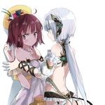  atelier_(series) atelier_sophie backless_outfit bad_id bad_pixiv_id bare_shoulders blush brown_eyes brown_hair detached_sleeves hair_ornament hand_on_another's_chin hat long_hair looking_away low_ponytail maromi_(am97) multiple_girls plachta puffy_short_sleeves puffy_sleeves shirt short_sleeves silver_hair smile sophie_neuenmuller very_long_hair yuri 