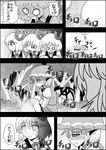  bush check_translation comic damaged dress empty_eyes forest frills grass greyscale hair_ribbon highres md5_mismatch monochrome mystia_lorelei nature neck_ribbon niiko_(gonnzou) o_o open_mouth pee ribbon rumia short_hair single_tooth squatting sweatdrop torn_clothes touhou translation_request tree wings 