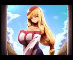  arc_the_lad arc_the_lad_ii bare_shoulders blonde_hair breasts closed_eyes grin happy huge_breasts lieza long_hair looking_at_viewer smile solo sunlight tokyo_(great_akuta) 
