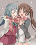  brown_eyes brown_hair jacket kantai_collection kiyoshimo_(kantai_collection) libeccio_(kantai_collection) long_hair multiple_girls open_mouth pantyhose riz_(ravel_dc) scarf school_uniform shared_scarf silver_hair smile twintails twitter_username 