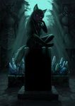  absurdres animal_ears aqua backlighting contrast dark erebus_(artist) finger_to_mouth fox_ears fox_tail glowing glowing_eyes hand_to_own_mouth highres indian_style knight long_hair looking_at_viewer nude original purple_eyes sitting solo statue tail very_long_hair 