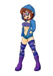  alvin_and_the_chipmunks blue_eyes breasts brown_hair chipmunk cleavage clothed clothing eyewear female glasses hair hoodie jeanette_miller looking_at_viewer mammal navel piercing rodent shorts slashysmiley solo tube_top 