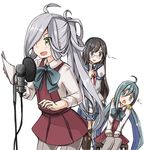  asashimo_(kantai_collection) black_hair blue_eyes blue_hair commentary_request glasses green_eyes grey_eyes hair_over_one_eye hairband kantai_collection kiyoshimo_(kantai_collection) long_hair microphone multicolored_hair multiple_girls ooyodo_(kantai_collection) pantyhose riz_(ravel_dc) school_uniform sharp_teeth silver_hair skirt smile teeth translated two-tone_hair 