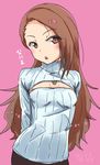  arms_behind_back blush breasts brown_eyes brown_hair idolmaster idolmaster_(classic) jewelry kurotora865_90 long_hair meme_attire minase_iori necklace open-chest_sweater pink_background simple_background small_breasts solo sweater 