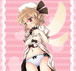  :&lt; ass_visible_through_thighs bangs black_bow black_ribbon blonde_hair blush bow chima_q cowboy_shot dress dress_lift drill_hair embarrassed fairy_wings hat heart lifted_by_self long_hair looking_away luna_child panties polka_dot polka_dot_background puffy_short_sleeves puffy_sleeves red_eyes ribbon ribbon-trimmed_panties ribbon_trim short_sleeves simple_background solo standing striped striped_background touhou underwear white_panties wings 
