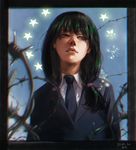  angry artist_name barbed_wire black_neckwear blurry business_suit chromatic_aberration dated disdain formal frame green_hair half-closed_eyes halo highres jcm2 long_hair looking_to_the_side necktie original school_uniform scrunchie solo standing star suit teeth twintails upper_body 