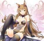  47agdragon :q animal_ears arm_support bare_shoulders black_gloves black_legwear blonde_hair blush breasts brown_eyes brown_hair choker cleavage covered_navel elbow_gloves erune frilled_gloves frilled_legwear frills gloves granblue_fantasy hair_ornament leotard licking_lips long_hair looking_at_viewer medium_breasts metera_(granblue_fantasy) mole mole_under_mouth naughty_face navel smile solo thighhighs tongue tongue_out twintails 