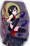  arm_snake asymmetrical_wings black_hair black_legwear full_moon houjuu_nue miniskirt moon pointy_ears red_eyes short_hair skirt snake solo squatting torso_(hjk098) touhou wings 