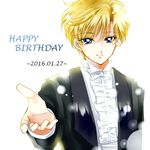  2016 bishoujo_senshi_sailor_moon blonde_hair blue_eyes dated formal happy_birthday looking_at_viewer outstretched_hand reverse_trap shirataki_kaiseki short_hair smile solo suit ten'ou_haruka very_short_hair white_background 