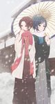  blue_eyes blue_hair brown_hair earrings holding holding_umbrella japanese_clothes jewelry kashuu_kiyomitsu ma_na_roo male_focus multiple_boys oriental_umbrella outdoors red_eyes scarf shared_umbrella snow touken_ranbu umbrella walking winter yamato-no-kami_yasusada 