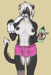  2016 abs anthro athletic balls beverage big_breasts black_fur black_lips black_nipples breasts brown_nose brown_pawpads bulge clothed clothing dickgirl feline food fur hair half-erect intersex lion looking_at_viewer mammal multicolored_fur navel nipples open_mouth pawpads paws penis precum sasha_(maloo) seff shorts simple_background smile solo standing suggestive tail_tuft topless towel tuft two_tone_fur white_fur white_hair yellow_eyes 