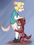  balls blonde_hair blue_eyes blush canine cat clothed clothing cub dog feline hair half-closed_eyes head_grab kneeling looking_pleasured male male/male mammal nude oral pants_down partially_clothed penis robthebunny tongue tongue_out young 