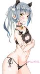 animal_ears bare_shoulders bell black_bra black_panties blush bra breasts cat_cutout cat_ear_panties cat_ears cat_lingerie cleavage_cutout clenched_teeth collarbone commentary_request cowboy_shot crossed_arms jingle_bell kantai_collection kasumi_(kantai_collection) looking_at_viewer maji_(etonato) meme_attire navel panties remodel_(kantai_collection) short_hair side-tie_panties side_ponytail silver_hair simple_background skindentation small_breasts solo teeth underwear underwear_only white_background yellow_eyes 
