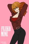  2016 arms_up bangs belt belt_buckle black_pants breasts brown_eyes brown_hair buckle cleavage collarbone commentary_request contrapposto cowboy_shot dated eyebrows_visible_through_hair hands_in_hair head_tilt jacket long_hair long_sleeves looking_at_viewer lupin_iii medium_breasts mine_fujiko mousou_(mousou_temporary) pants parted_lips pink_lips red_jacket solo standing 