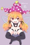  2016 artist_name bangs black_bra black_panties blonde_hair blush bra cat_cutout cat_lingerie cleavage_cutout clownpiece crossed_legs dated double_v fairy_wings hat heart heart-shaped_pupils highres jester_cap long_hair looking_at_viewer meme_attire navel open_mouth panties polka_dot red_eyes ryannari side-tie_panties simple_background sitting solo symbol-shaped_pupils thighhighs touhou underwear v wings 