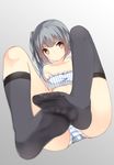  absurdres bangs bare_shoulders blurry collarbone depth_of_field feet frills full_body gin00 grey_background grey_hair grey_legwear highres kantai_collection kasumi_(kantai_collection) kneehighs legs_up long_hair looking_at_viewer no_shoes panties remodel_(kantai_collection) see-through side_ponytail single_kneehigh single_thighhigh sitting sketch solo strap_slip striped striped_panties thighhighs underwear underwear_only vertical_stripes 