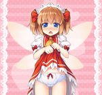  ascot ass_visible_through_thighs bangs blue_eyes blush bow bow_panties brown_hair chima_q cowboy_shot d: dress dress_lift embarrassed fairy_wings fang heart lifted_by_self looking_at_viewer open_mouth panties polka_dot polka_dot_background puffy_short_sleeves puffy_sleeves short_sleeves short_twintails simple_background solo standing sunny_milk touhou twintails underwear white_panties wings 