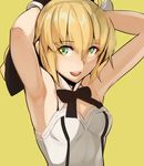  :d adjusting_hair armpits artoria_pendragon_(all) blonde_hair bow fate/unlimited_codes fate_(series) glowing green_eyes hair_bow kurowa open_mouth saber saber_lily smile solo upper_body yellow_background 