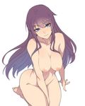  bakemonogatari ban barefoot blue_eyes breasts collarbone highres inverted_nipples large_breasts lips long_hair monogatari_(series) navel nipples nude purple_hair revision seiza senjougahara_hitagi simple_background sitting smile solo white_background 