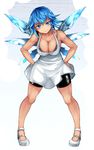  alternate_costume aoshima bare_arms bare_shoulders bike_shorts black_bra blue_eyes blue_hair blush bra breasts cirno cleavage collarbone commentary_request dress full_body hair_ornament hairclip hands_on_hips head_tilt highres ice ice_wings large_breasts legs lipstick looking_at_viewer makeup mary_janes older shoes shorts_under_dress simple_background sleeveless sleeveless_dress smile solo standing sundress tan toned touhou tsurime underwear white_dress white_footwear wings 