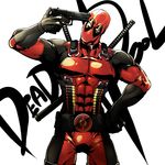  beretta_92 black_gloves bodysuit character_name cowboy_shot deadpool finger_on_trigger gloves gun gun_to_head hand_on_hip handgun highres holding holding_gun holding_weapon iroha_(akei0710) male_focus marvel mask pouch shotgun_shells solo superhero sword weapon 