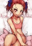  accel_world artist_name blue_bow bow collarbone copyright_name dated freckles grin hair_bow ichigai_(hayawossan) knee_up kouzuki_yuniko looking_at_viewer midriff on_animal pig pig_tail red_eyes red_hair sitting smile solo sweat swimsuit tail thighs two_side_up typo white_background 